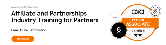 PXA's certification badge for free courses on affiliate marketing, publisher types, and how to find brands to work with