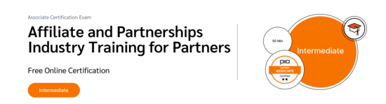 PXA's certification badge with a graduation cap icon for a free exam on the affiliate marketing and partnerships industry for partners