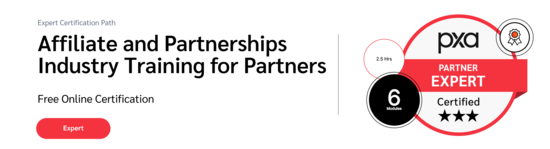 PXA's certification badge for free courses on the affiliate and partnerships industry for partners