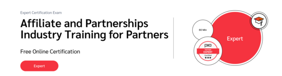 PXA's certification badge with a graduation cap icon for a free exam on affiliate marketing and partnerships for partners