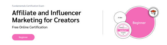 PXA's certification badge with a graduation cap icon for a free exam in creating and managing influencer affiliate programs