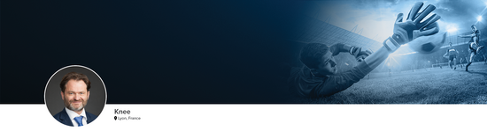 Professional headshot of Dr. Sonnery-Cottet (Knee; Lyon, France) and a photograph of a soccer player to represent the knee specialty.