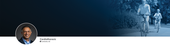 Professional headshot of Dr. Khalpey (Cardiothoracic; Scottsdale, AZ) and a photograph of a man and a woman riding bicycles to represent the cardiothoracic specialty.