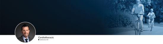 Professional headshot of Dr. Rudersdorf (Cardiothoracic; Lakewood, CO) and a photograph of a man and a woman riding bicycles to represent the cardiothoracic specialty.