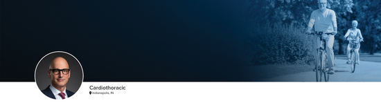 Professional headshot of Dr. Gerdisch (Cardiothoracic; Indianapolis, IN) and a photograph of a man and a woman riding bicycles to represent the cardiothoracic specialty.