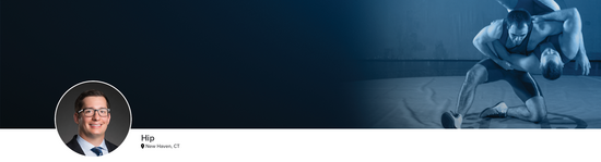 Professional headshot of Dr. Jimenez (Hip; New Haven, CT) and a photograph of two wrestlers to represent the Hip specialty.