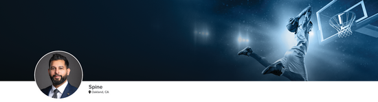 Professional headshot of Dr. Hasan (Spine; Oakland, CA) and a photograph of a basketball player to represent the Spine specialty.