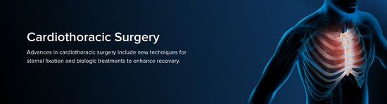 Anatomic representation of the sternum, including the bones and musculature, surrounded by a blue aura.