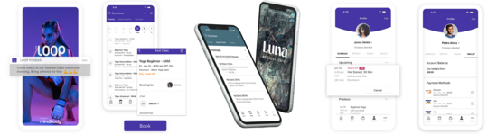 Image of two smartphones featuring the Branded Mobile App's launch and class schedules screens.