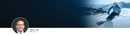 Professional headshot of Dr. Levy (Knee, Hip; Orlando, FL) and a photograph of a downhill skier representing his medical specialties.