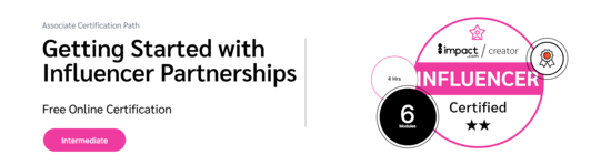 PXA’s certification badge for free courses on influencer marketing, focusing on working with influencers and managing programs