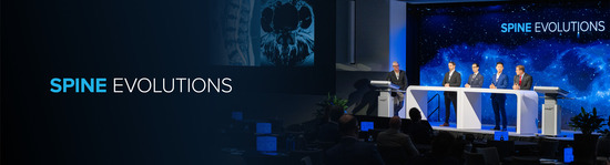 Photograph of 5 male presenters standing a podium with the Spine Evolutions logo on the left side of the banner.