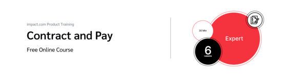 PXA FREE course thumbnail featuring a contract and payment icon inside overlapping red circles, with the impact.com logo and an icon of a signed contract with a dollar sign in the top right corner