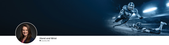 Professional headshot of Dr. Julia Nuelle (Hand and Wrist; Columbia, MO) and a photograph of two football players to represent the Hand and Wrist specialty.