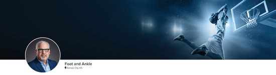 Professional headshot of Dr. Greg A. Horton (Foot and Ankle; Kansas City, KS) and a photograph of a basketball player to represent the Foot and Ankle specialty.