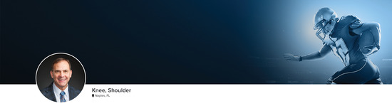 Professional headshot of Dr. Patrick A. Smith (Knee, Shoulder; Naples, FL) and a photograph of a football player to represent his medical specialities.