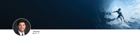 Professional headshot of Dr. John T. Riehl (Trauma; Dallas, TX) and a photograph of a surfer to represent the Trauma speciality.