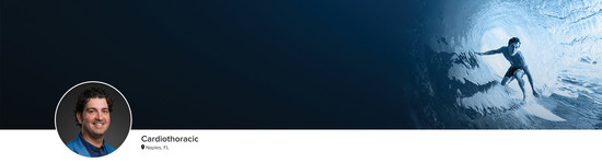 Professional headshot of Dr. Thomas Caranasos (Cardiothoracic; Naples, FL) and a photograph of a surfer to represent the Cardiothoracic specialty.