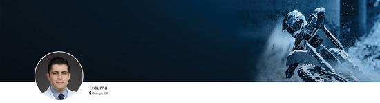 Professional headshot of Dr. Jonah Hebert-Davies (Trauma; Orange, CA) and a photograph of a motocross rider to represent the Trauma speciality.