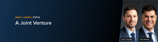 Banner with the text “Small Animal Stifle” and course title “A Joint Venture,” featuring portraits of veterinary medicine professionals Brian Trumpatori and Kevin McAbee.