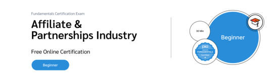 PXA's certification badge featuring a graduation cap icon for a free exam designed for beginners to learn affiliate marketing