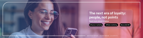 Header image with purple gradient and a woman smiling at her phone, featuring the headline "The Next era of loyalty: people, not points"