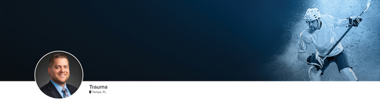 Professional headshot of Dr. Benjamin J. Maxson, DO (Trauma; Tampa, FL) and a photograph of a hockey player to represent the Trauma specialty.