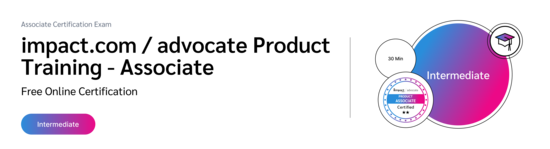 PXA's certification badge featuring a graduation cap icon for a free exam on navigating the impact.com Advocate platform