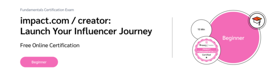 PXA's certification badge featuring a graduation cap icon for a free exam on navigating the impact.com Creator platform