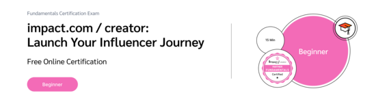 PXA's certification badge with a graduation cap icon for a free exam in using impact.com Creator’s influencer software