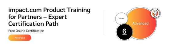 PXA thumbnail for a FREE expert certification path—1.5 hours, 6 lessons. Red and orange circles highlight course level, time, and lesson count with a certification badge icon