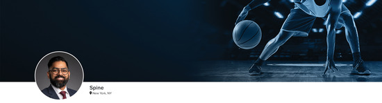 Professional headshot of Dr. Konakondla (Spine; New York, NY) and a photograph of a basketball player to represent the spine specialty.