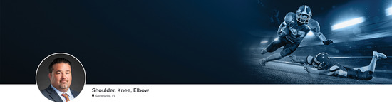 Professional headshot of Dr. Farmer (Knee, Shoulder; Gainesville, FL) and a photograph of a football player to represent his medical specialties.