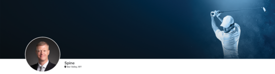 Professional headshot of Dr. Wade K. Jensen (Spine; Star Valley, WY) and a photograph of a golfer mid swing representing the spine specialty.