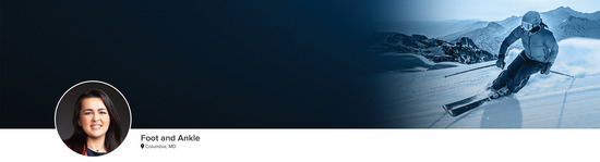 Professional headshot of Dr. Hummira H. Abawi (Foot and Ankle; Columbia, MD) and a photograph of a skier to represent the Foot and Ankle specialty.