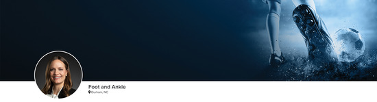 Professional headshot of Dr. Amanda N. Fletcher (Foot and Ankle; Durham, NC) and a photograph of a soccer player to represent the Foot and Ankle specialty.