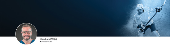 Professional headshot of Dr. Randy Lovell III (Hand and Wrist; Grand Rapids, MI) and a photograph of a hockey player to represent the Hand and Wrist specialty.