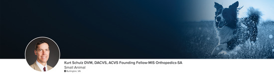 Professional headshot of Dr. Kurt Schulz (Small Animal; Burlington, VA) and a photograph of a dog running through a field representing the small animal specialty.