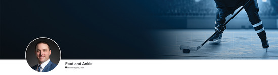 Professional headshot of Dr. William M. Engasser (Foot and Ankle; Minneapolis, MN) and a photograph of a hockey player to represent the Foot and Ankle specialty.