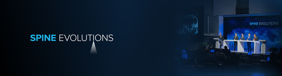 Photograph of 5 male presenters standing a podium with the Spine Evolutions logo on the left side of the banner.