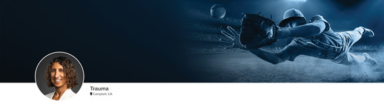 Professional headshot of Dr. Jothi Murali-Larson (Trauma; Campbell, CA) and a photograph of a baseball player to represent the Trauma specialty.