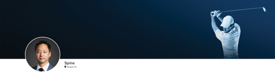 Professional headshot of Dr. Patrick Yong Kim (Spine; Tampa, FL) and a photograph of a golfer to represent the Spine specialty.