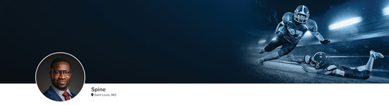 Professional headshot of Dr. John I. Ogunlade (Spine; Saint Louis, MO) and a photograph of two football players to represent the Spine specialty.