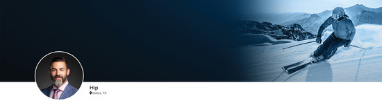 Professional headshot of Dr. Donald Hohman (Hip; Dallas, TX) and a photograph of a skier to represent the Hip specialty.