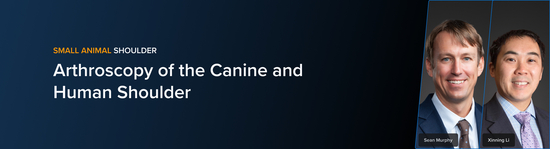 Banner with the text “Small Animal Shoulder” and course title “Arthroscopy of the Canine and Human Shoulder,” featuring portraits of veterinary medicine professionals Sean Murphy and Xinning Li.