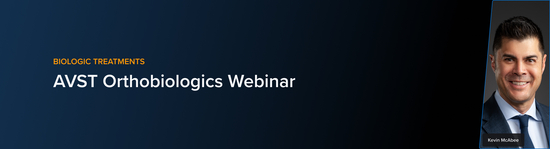 Banner with the text “Biologic Treatments” and course title “AVST Orthobiologics Webinar,” featuring portraits of veterinary medicine professionals Kevin McAbee.