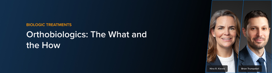 Banner with the text “Biologic Treatments” and course title “Orthobiologics: The What and the How” featuring portraits of veterinary medicine professionals Nina R. Kieves and Brian Trumpatori.