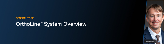 Banner with the text “General Topic” and course title “OrthoLine™ System Overview” featuring portraits of a veterinary medicine professional Sean Murphy.