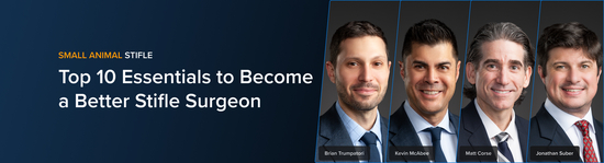 Banner with the text “Small Animal Stifle” and course title “Top 10 Essentials to Become a Better Stifle Surgeon" featuring portraits of veterinary medicine professionals Brian Trumpatori, Kevin McAbee, Matt Corse, and Jonathan Suber.