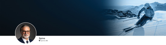 Professional headshot of Dr. Paul J. Houle (Spine; Hyannis, MA) and a photograph of a skier to represent the Spine specialty.